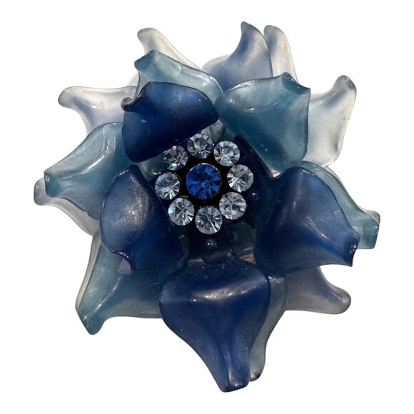 Lg Vtg Frosted Blue Soft Molded Plastic and Rhinestone Flower Brooch Silver Tone - Picture 1 of 5